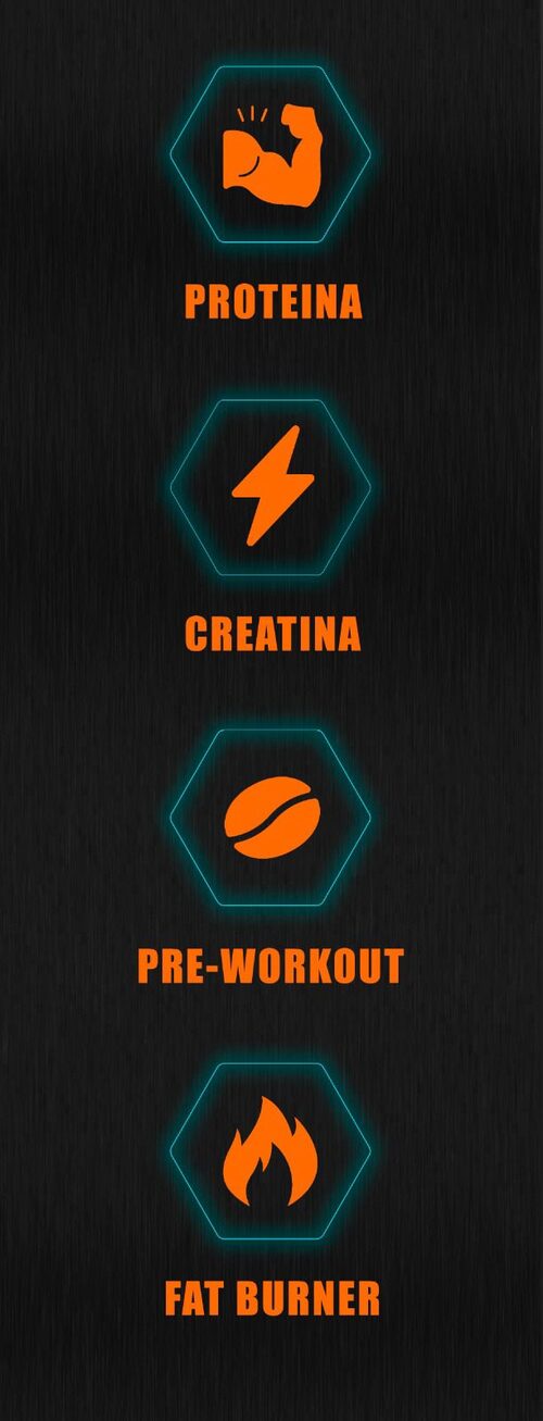 Los cuatro tipos de suplemento de la máquina, cada uno con su ícono naranja dentro de un hexágono con contorno neón celeste: proteína, creatina, pre-workout y fat burner