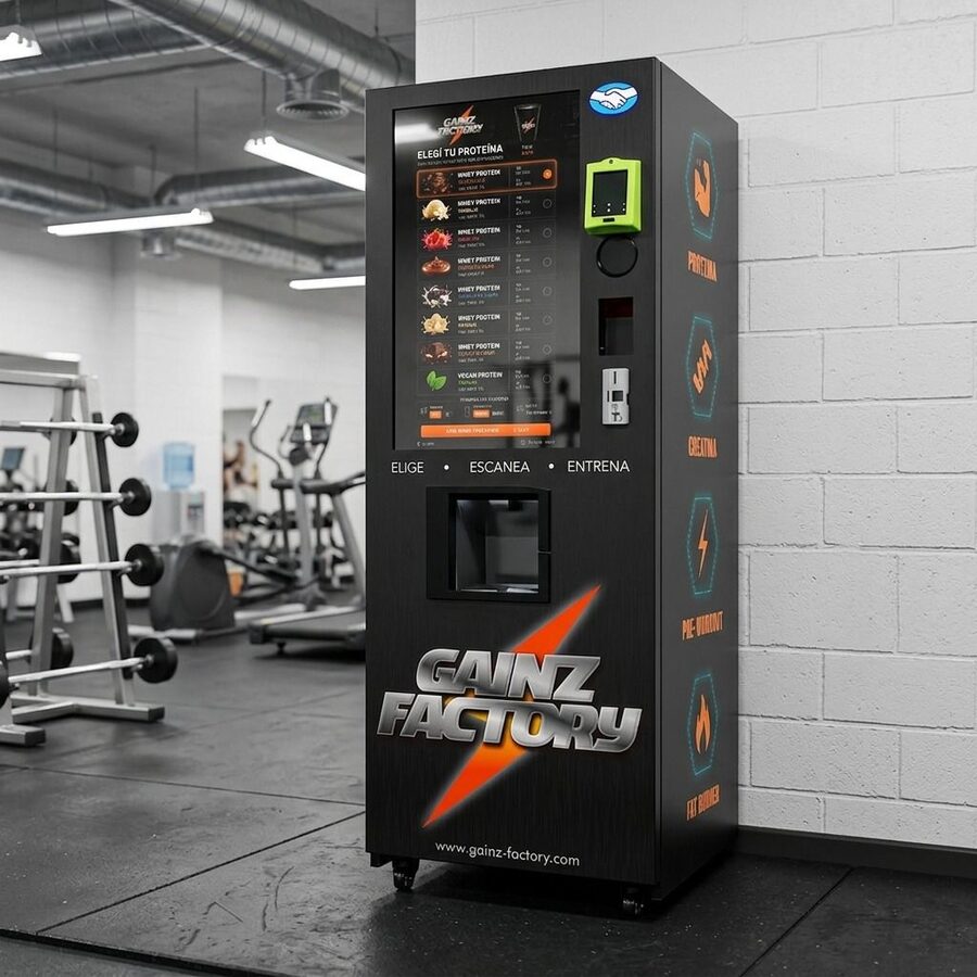 Máquina expendedora GAINZ FACTORY en negro, instalada contra una pared de un gimnasio, con pantalla táctil, lector de pagos y ventana de despacho