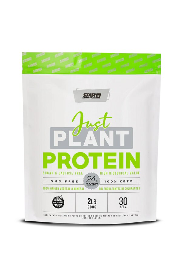 Pack de Just Plant Protein de Star Nutrition, bolsa blanca de 2 libras con detalles verdes