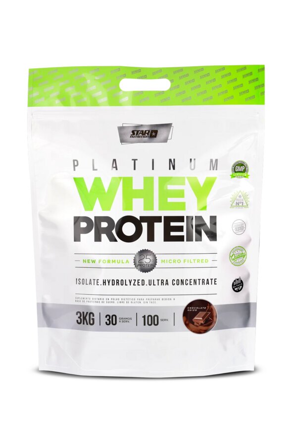 Pack de Platinum Whey Protein de Star Nutrition, bolsa blanca de 3 kilos con detalles verdes